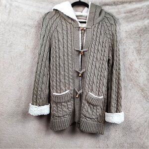 Zara Brown Cable Knit Cardigan with Cream Accents Size M